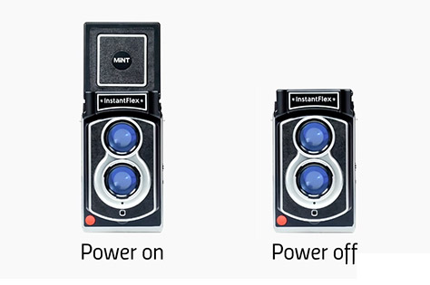 Simply open the viewfinder and it turns on; close it and it turns off.